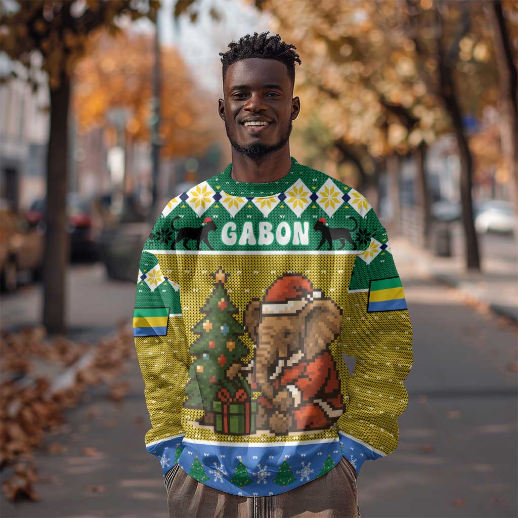 Gabon Christmas Sweatshirt Pixel Art Elephant Santa Christmas Tree and Flag - African Pride