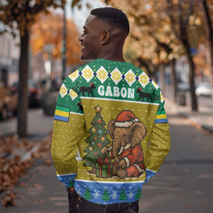 Gabon Christmas Sweatshirt Pixel Art Elephant Santa Christmas Tree and Flag - African Pride