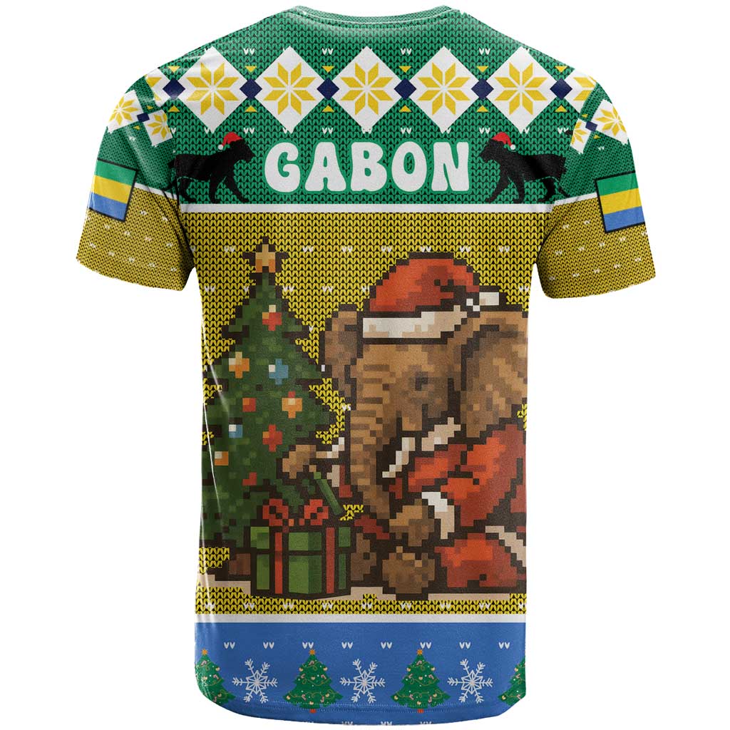 Gabon Christmas T shirt Pixel Art Elephant Santa Christmas Tree and Flag - African Pride