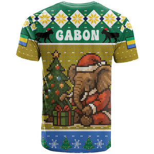 Gabon Christmas T shirt Pixel Art Elephant Santa Christmas Tree and Flag - African Pride