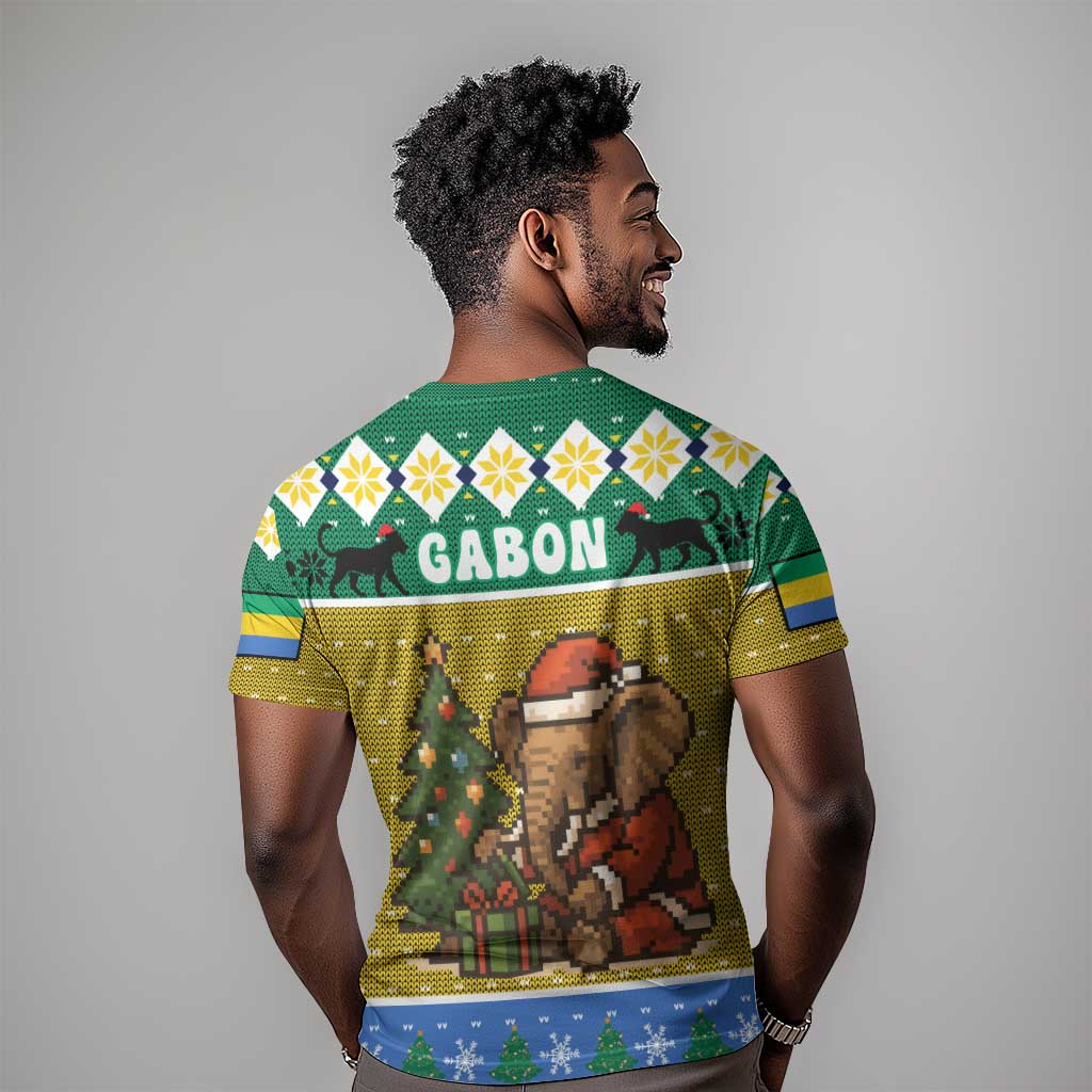 Gabon Christmas T shirt Pixel Art Elephant Santa Christmas Tree and Flag - African Pride