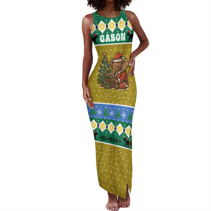 Gabon Christmas Tank Maxi Dress Pixel Art Elephant Santa Christmas Tree and Flag - African Pride