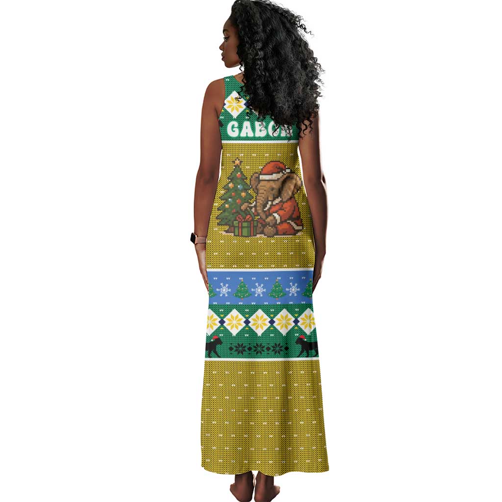 Gabon Christmas Tank Maxi Dress Pixel Art Elephant Santa Christmas Tree and Flag - African Pride