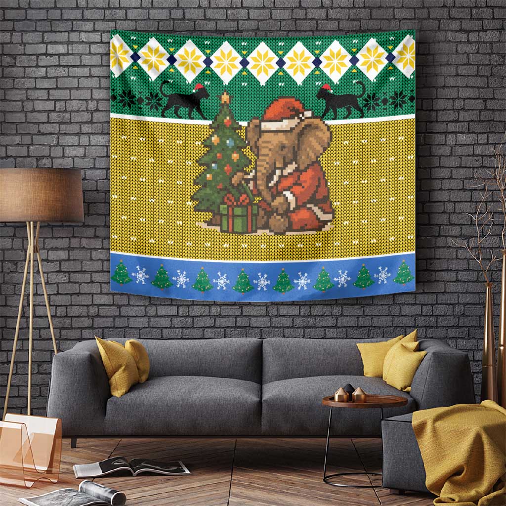 Gabon Christmas Tapestry Pixel Art Elephant Santa Christmas Tree and Flag - African Pride