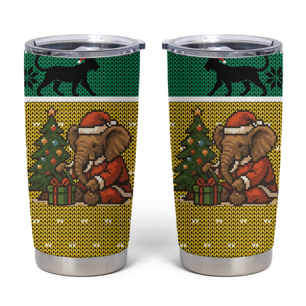 Gabon Christmas Tumbler Cup Pixel Art Elephant Santa Christmas Tree and Flag - African Pride