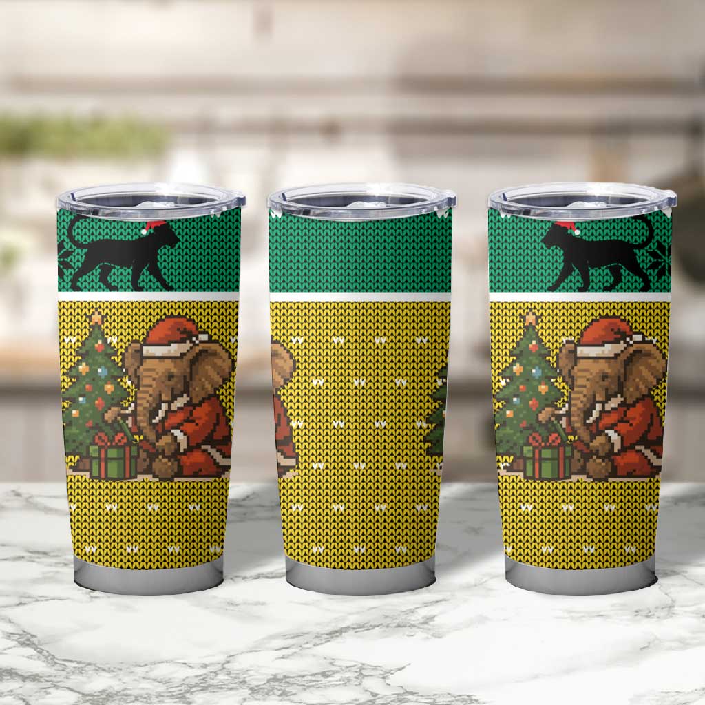 Gabon Christmas Tumbler Cup Pixel Art Elephant Santa Christmas Tree and Flag - African Pride