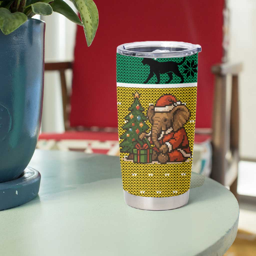 Gabon Christmas Tumbler Cup Pixel Art Elephant Santa Christmas Tree and Flag - African Pride