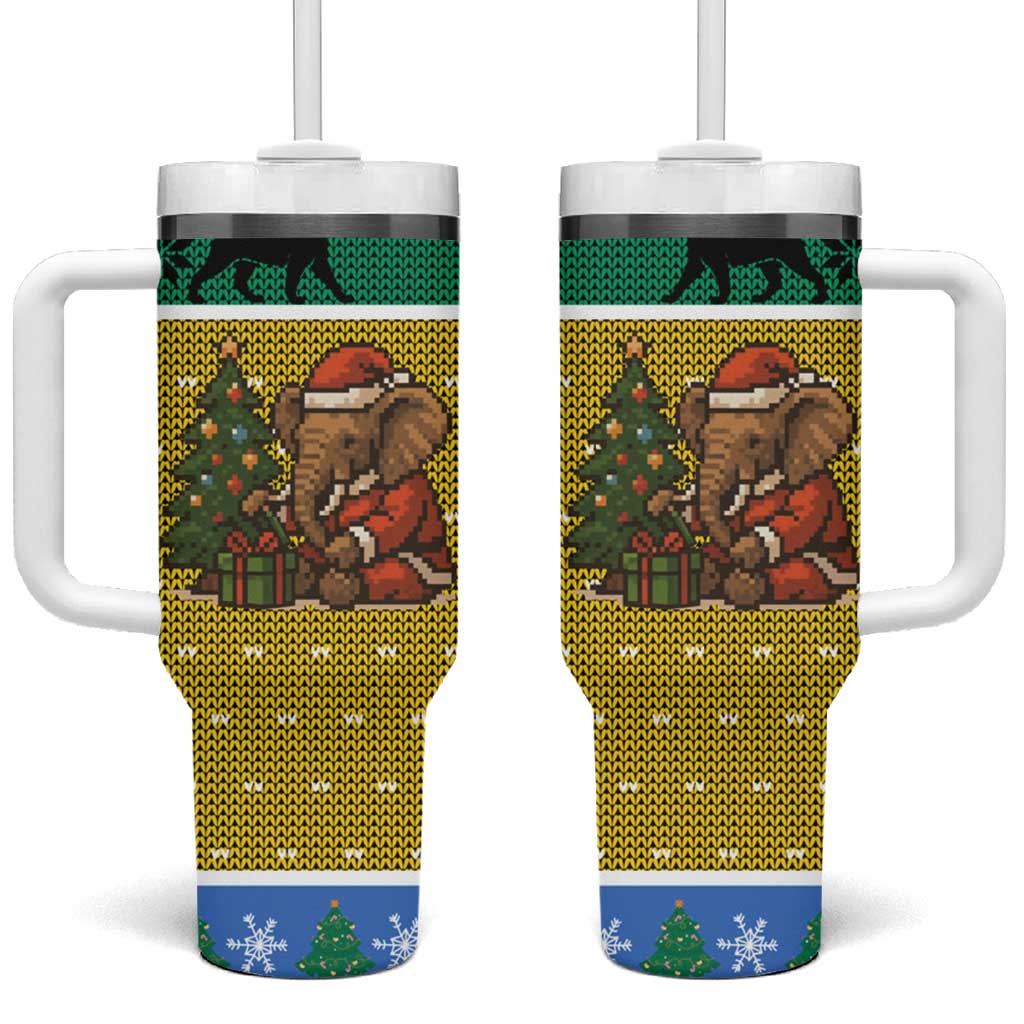 Gabon Christmas Tumbler With Handle Pixel Art Elephant Santa Christmas Tree and Flag - African Pride