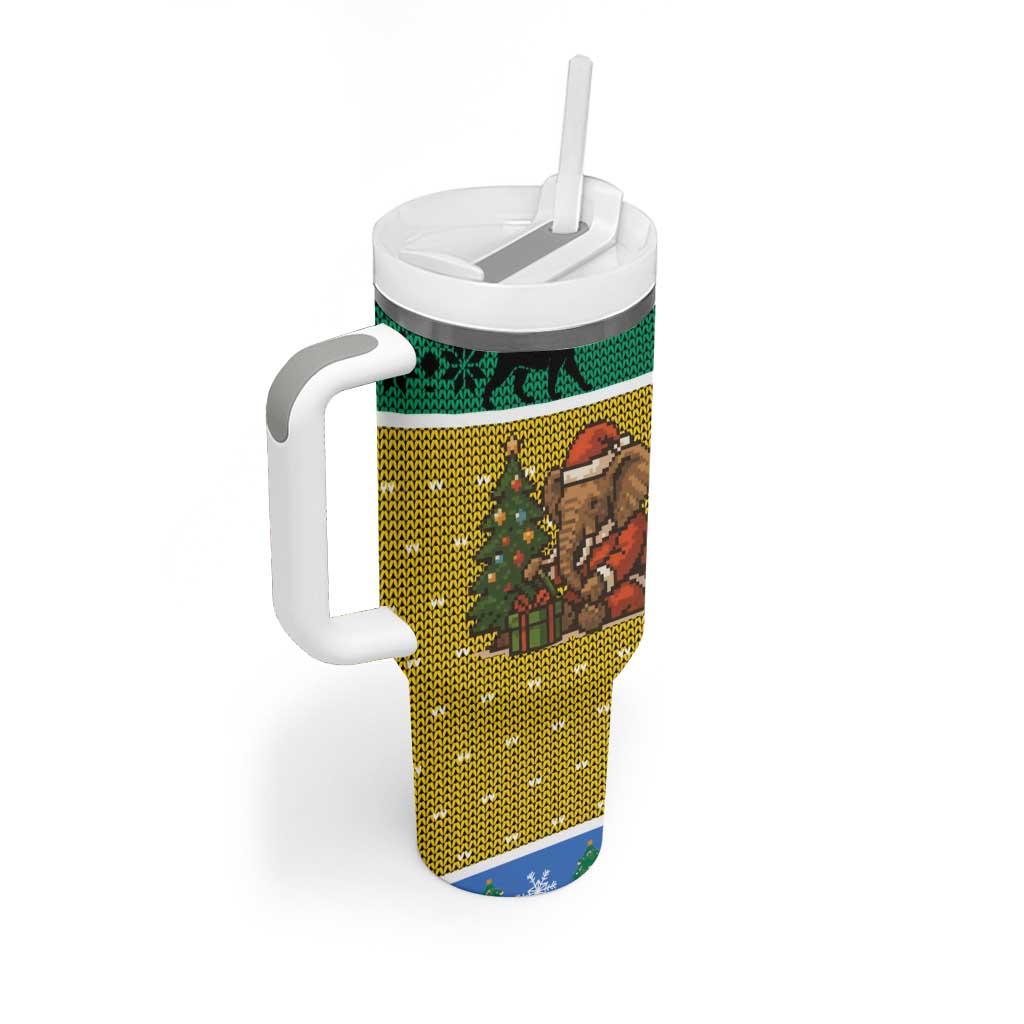 Gabon Christmas Tumbler With Handle Pixel Art Elephant Santa Christmas Tree and Flag - African Pride