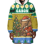 Gabon Christmas Wearable Blanket Hoodie Pixel Art Elephant Santa Christmas Tree and Flag - African Pride