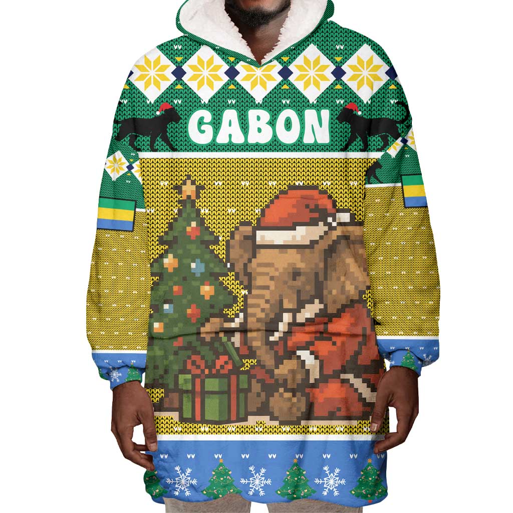 Gabon Christmas Wearable Blanket Hoodie Pixel Art Elephant Santa Christmas Tree and Flag - African Pride