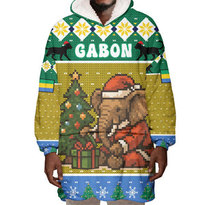 Gabon Christmas Wearable Blanket Hoodie Pixel Art Elephant Santa Christmas Tree and Flag - African Pride