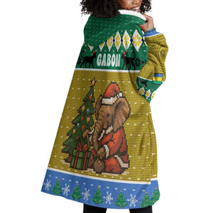 Gabon Christmas Wearable Blanket Hoodie Pixel Art Elephant Santa Christmas Tree and Flag - African Pride