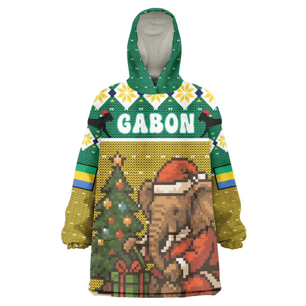 Gabon Christmas Wearable Blanket Hoodie Pixel Art Elephant Santa Christmas Tree and Flag - African Pride