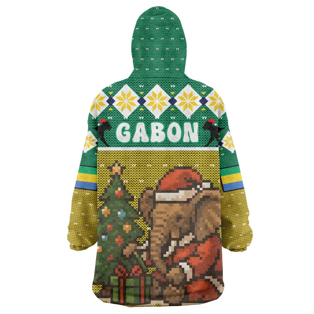 Gabon Christmas Wearable Blanket Hoodie Pixel Art Elephant Santa Christmas Tree and Flag - African Pride