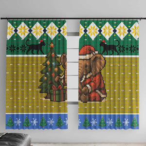 Gabon Christmas Window Curtain Pixel Art Elephant Santa Christmas Tree and Flag - African Pride