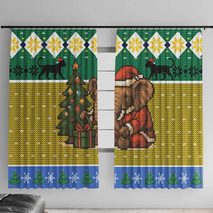 Gabon Christmas Window Curtain Pixel Art Elephant Santa Christmas Tree and Flag - African Pride