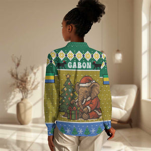 Gabon Christmas Women Casual Shirt Pixel Art Elephant Santa Christmas Tree and Flag - African Pride
