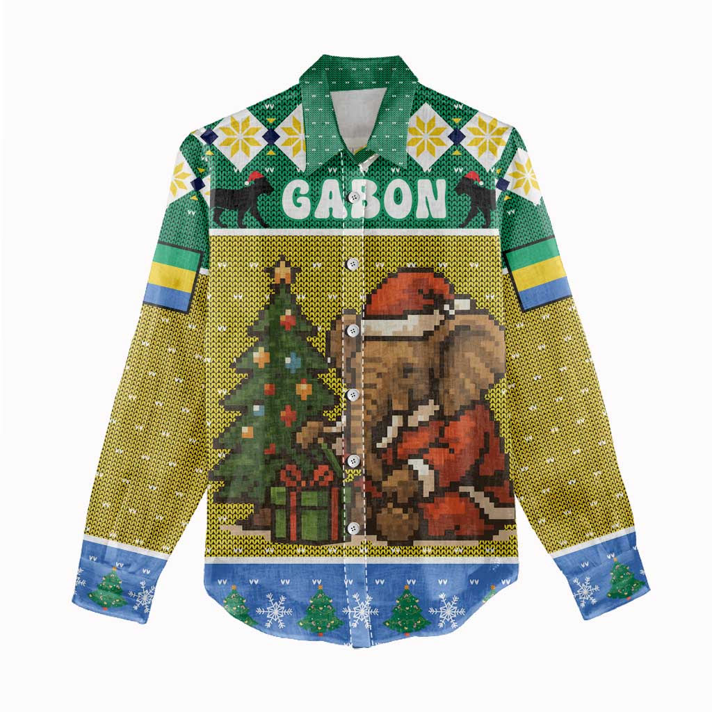 Gabon Christmas Women Casual Shirt Pixel Art Elephant Santa Christmas Tree and Flag - African Pride