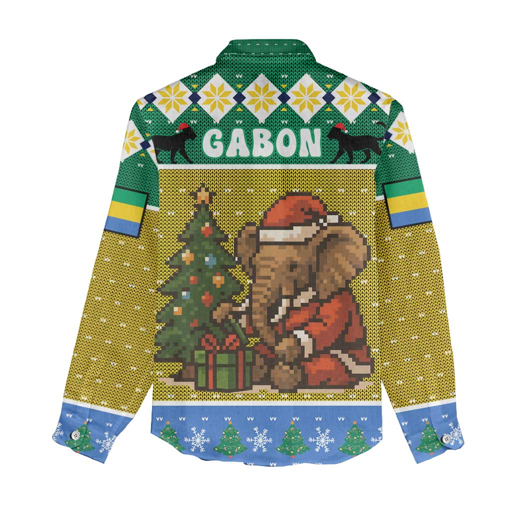 Gabon Christmas Women Casual Shirt Pixel Art Elephant Santa Christmas Tree and Flag - African Pride
