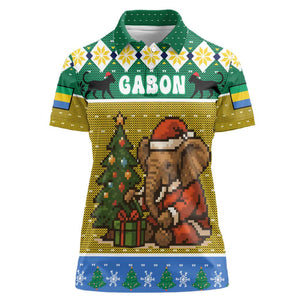 Gabon Christmas Women Polo Shirt Pixel Art Elephant Santa Christmas Tree and Flag - African Pride