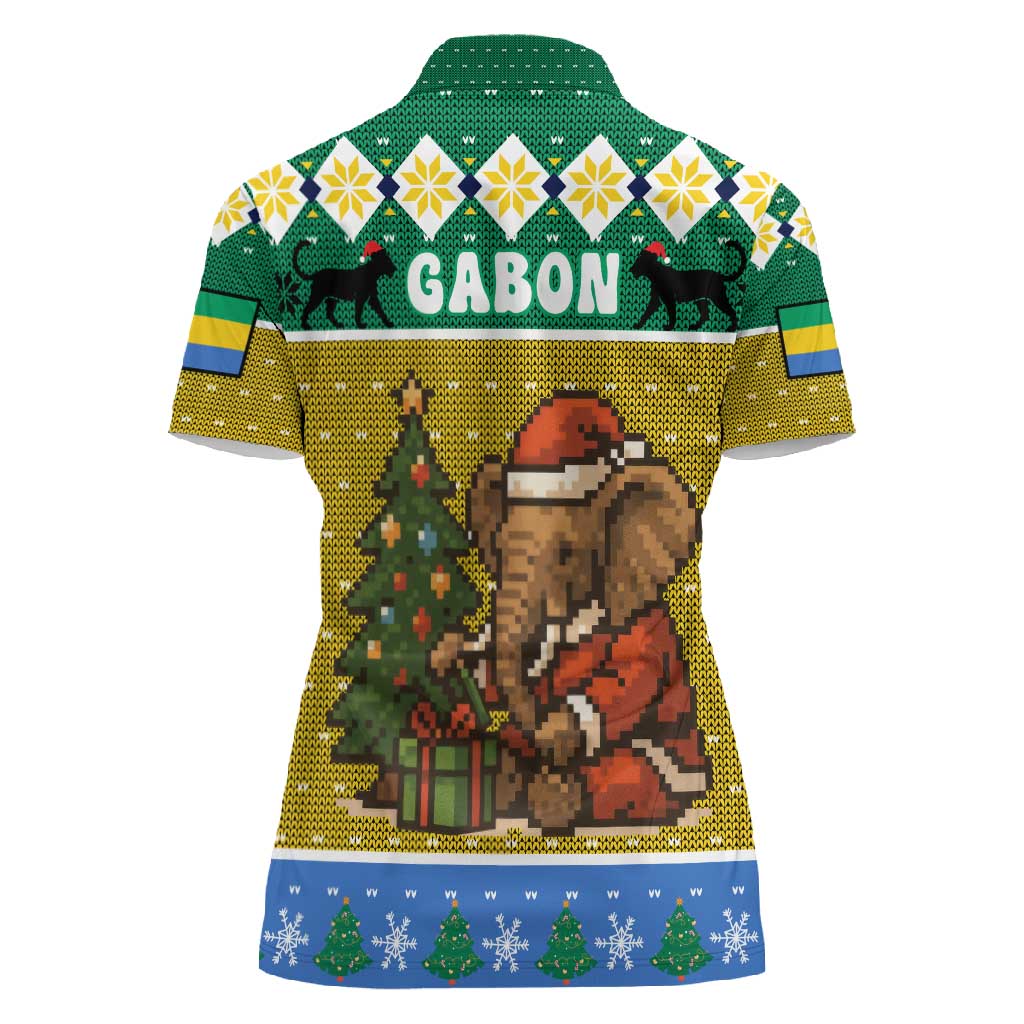 Gabon Christmas Women Polo Shirt Pixel Art Elephant Santa Christmas Tree and Flag - African Pride
