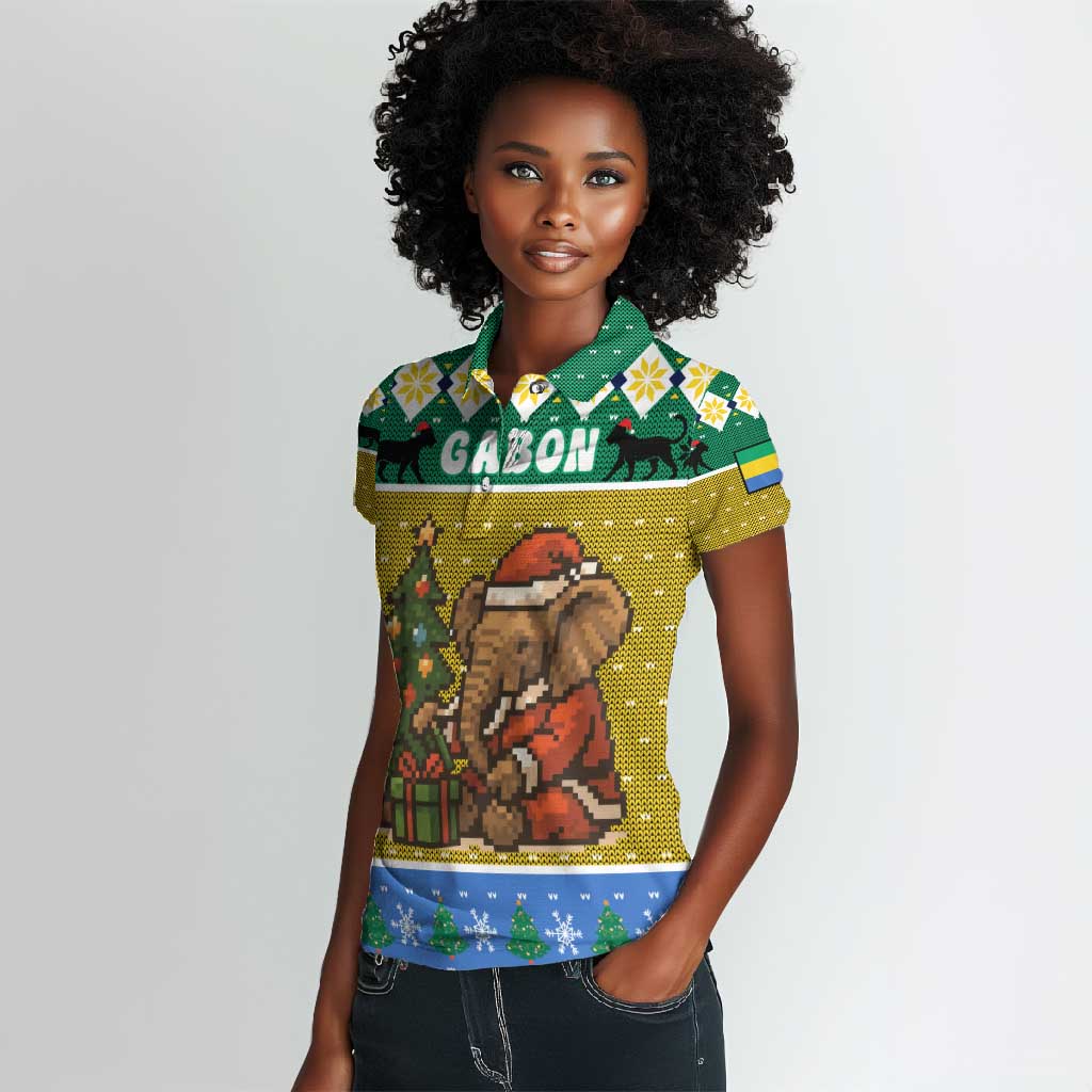 Gabon Christmas Women Polo Shirt Pixel Art Elephant Santa Christmas Tree and Flag - African Pride