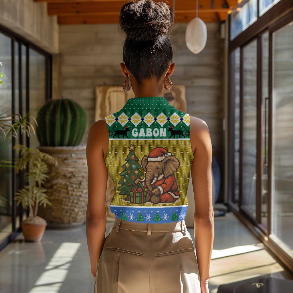Gabon Christmas Women Sleeveless Polo Shirt Pixel Art Elephant Santa Christmas Tree and Flag - African Pride