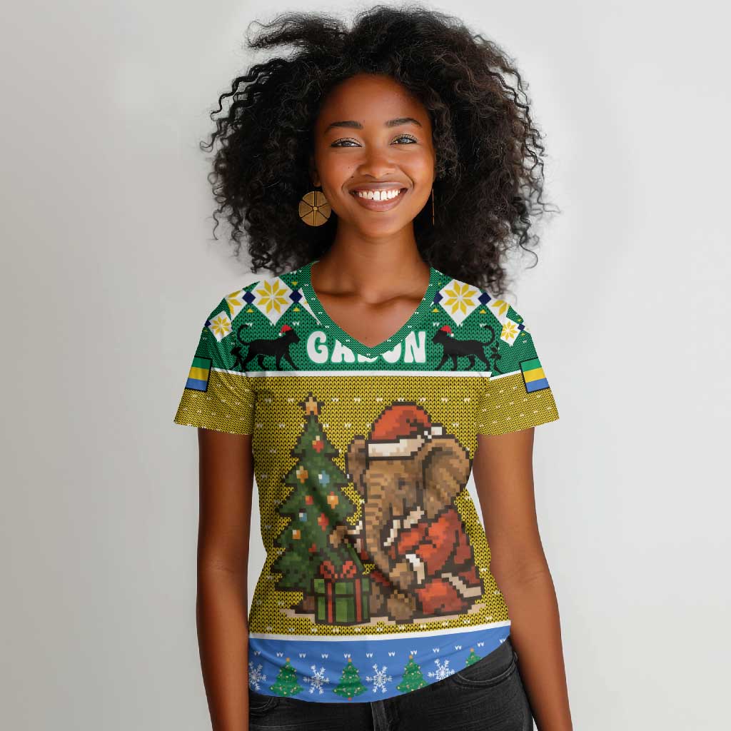 Gabon Christmas Women V-Neck T-Shirt Pixel Art Elephant Santa Christmas Tree and Flag - African Pride