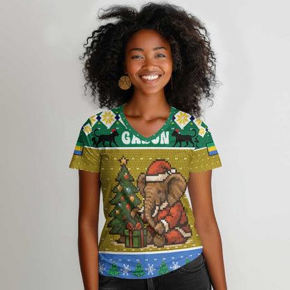 Gabon Christmas Women V-Neck T-Shirt Pixel Art Elephant Santa Christmas Tree and Flag - African Pride