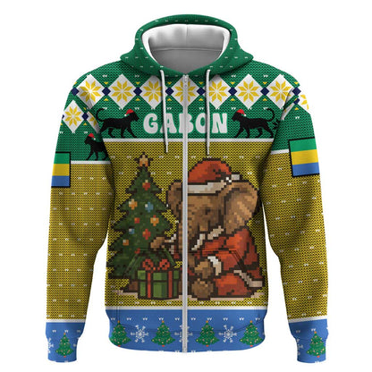 Gabon Christmas Zip Hoodie Pixel Art Elephant Santa Christmas Tree and Flag - African Pride