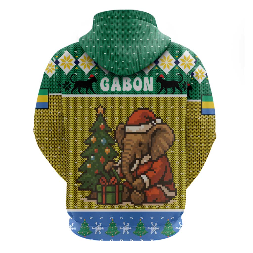 Gabon Christmas Zip Hoodie Pixel Art Elephant Santa Christmas Tree and Flag - African Pride