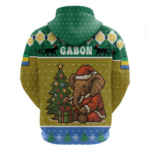 Gabon Christmas Zip Hoodie Pixel Art Elephant Santa Christmas Tree and Flag - African Pride