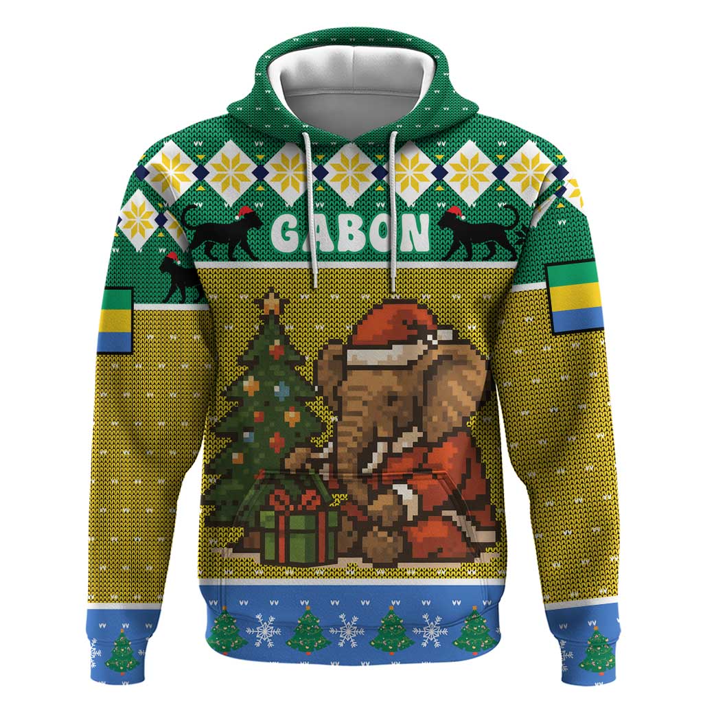 Gabon Christmas Zip Hoodie Pixel Art Elephant Santa Christmas Tree and Flag - African Pride