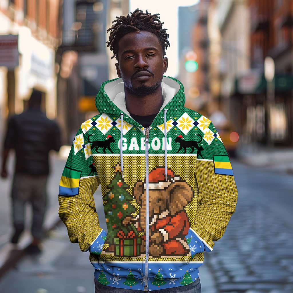 Gabon Christmas Zip Hoodie Pixel Art Elephant Santa Christmas Tree and Flag - African Pride