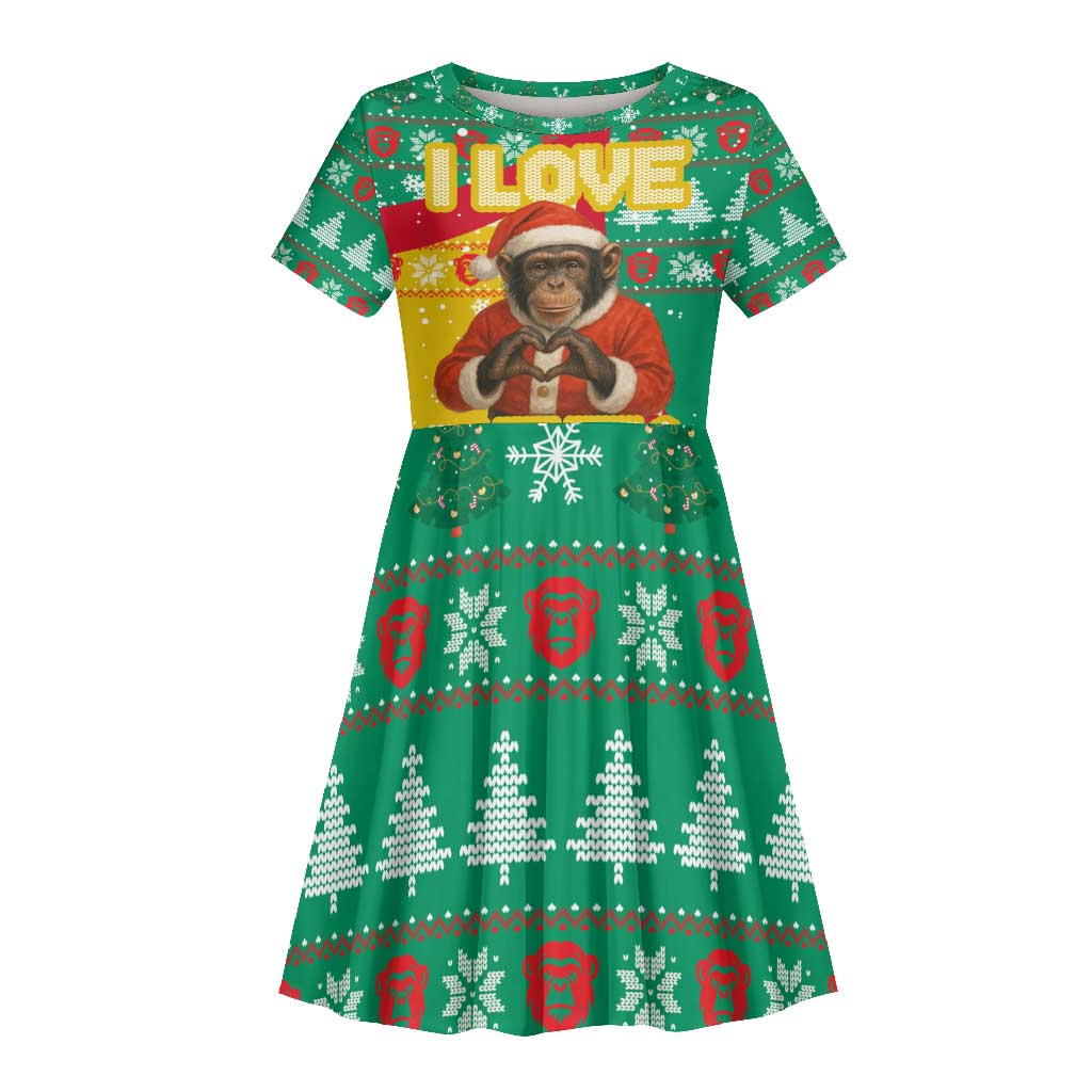 Guinea Christmas Kid Short Sleeve Dress Santa Chimpanzee Heart Hands and Snowflake - African Pride