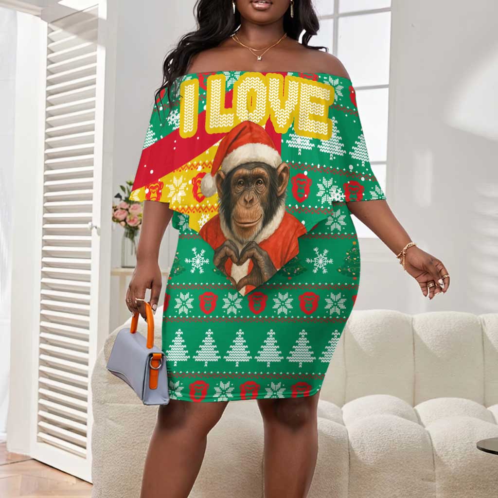 Guinea Christmas Off Shoulder Short Dress Santa Chimpanzee Heart Hands and Snowflake - African Pride