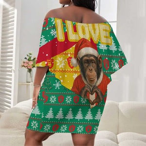 Guinea Christmas Off Shoulder Short Dress Santa Chimpanzee Heart Hands and Snowflake - African Pride