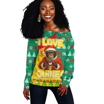 Guinea Christmas Off Shoulder Sweater Santa Chimpanzee Heart Hands and Snowflake - African Pride