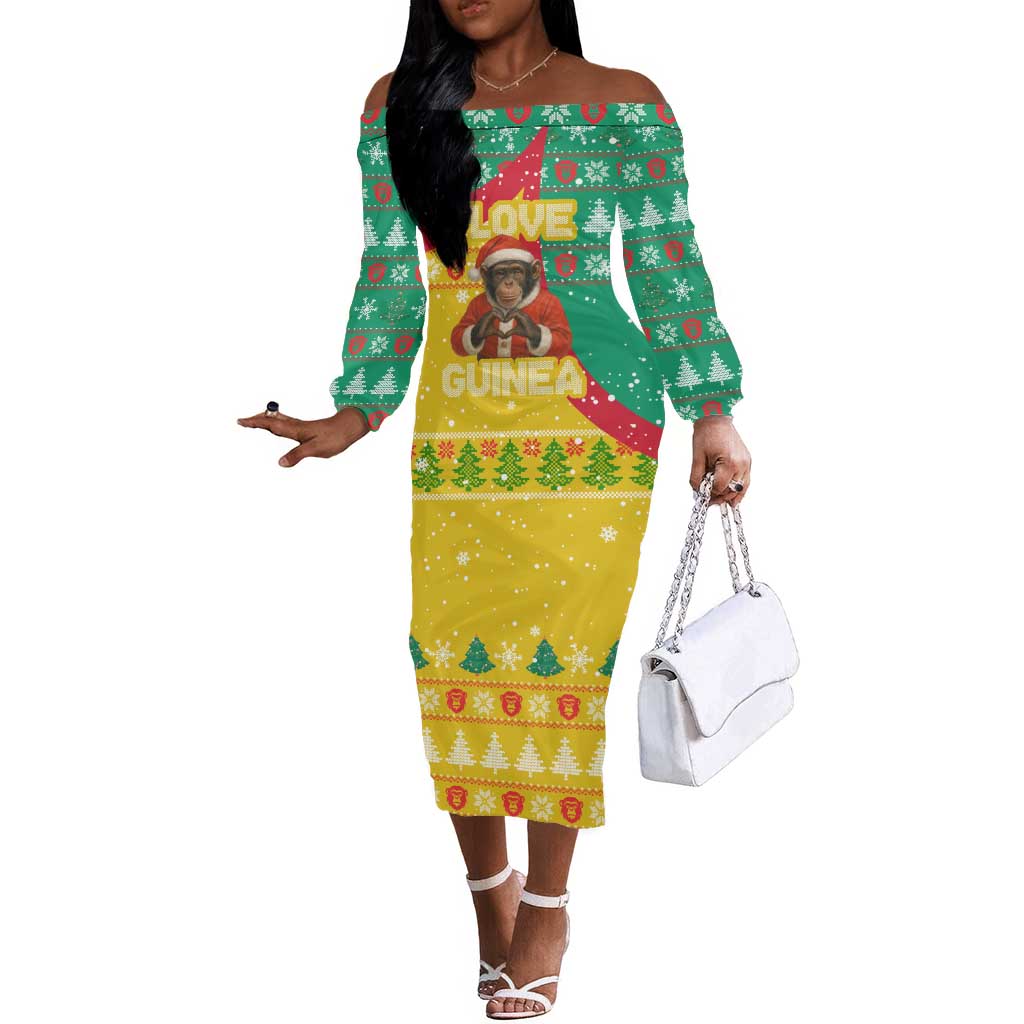 Guinea Christmas Off The Shoulder Long Sleeve Dress Santa Chimpanzee Heart Hands and Snowflake - African Pride
