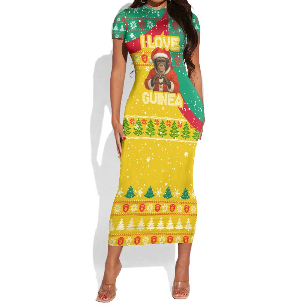 Guinea Christmas Short Sleeve Bodycon Dress Santa Chimpanzee Heart Hands and Snowflake - African Pride