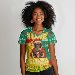 Guinea Christmas Women V-Neck T-Shirt Santa Chimpanzee Heart Hands and Snowflake - African Pride