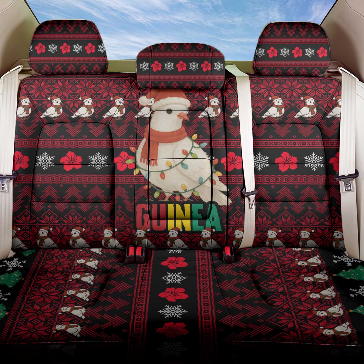 Guinea Christmas Back Car Seat Cover Festive Dove String Lights and Red Black Holiday - African Pride