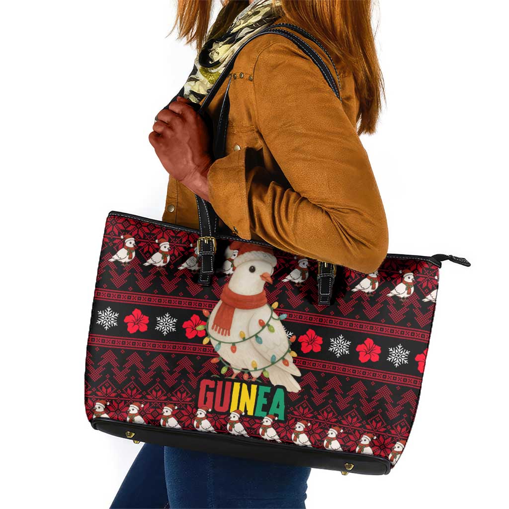 Guinea Christmas Leather Tote Bag Festive Dove String Lights and Red Black Holiday - African Pride
