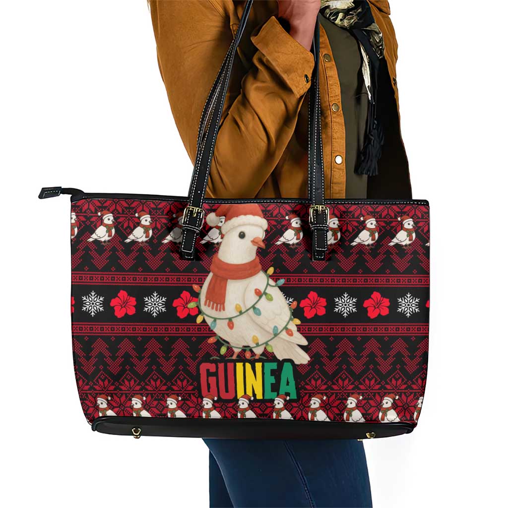 Guinea Christmas Leather Tote Bag Festive Dove String Lights and Red Black Holiday - African Pride