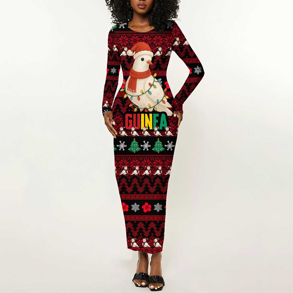 Guinea Christmas Long Sleeve Bodycon Dress Festive Dove String Lights and Red Black Holiday - African Pride