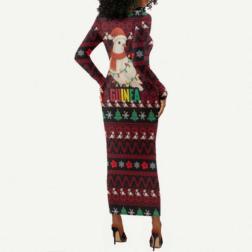 Guinea Christmas Long Sleeve Bodycon Dress Festive Dove String Lights and Red Black Holiday - African Pride