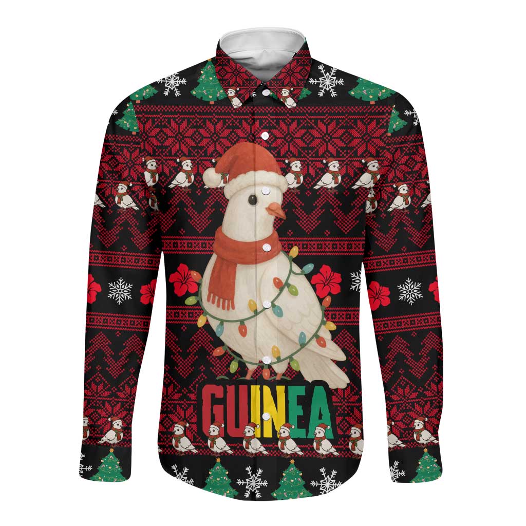 Guinea Christmas Long Sleeve Button Shirt Festive Dove String Lights and Red Black Holiday - African Pride