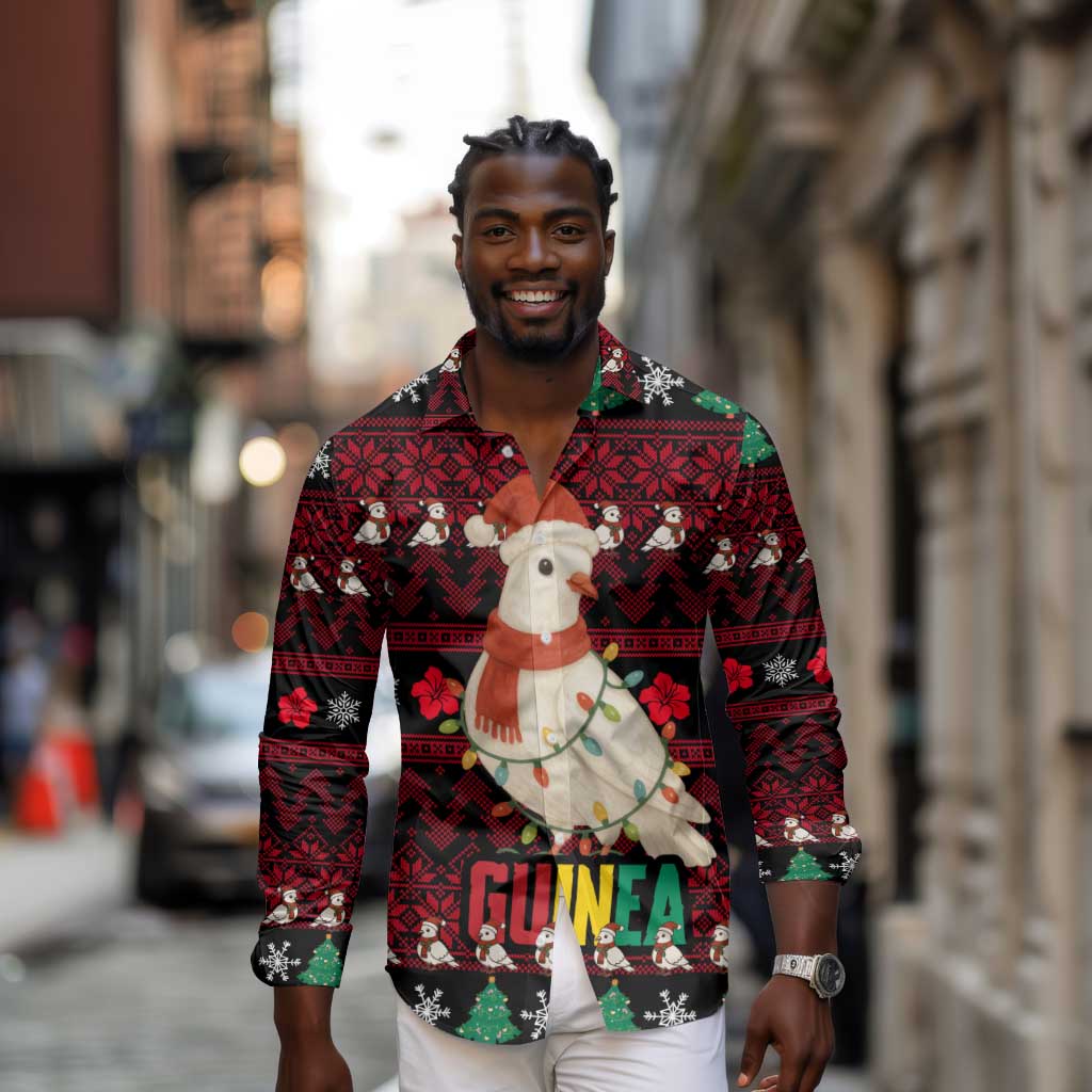 Guinea Christmas Long Sleeve Button Shirt Festive Dove String Lights and Red Black Holiday - African Pride