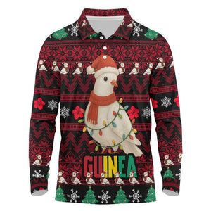 Guinea Christmas Long Sleeve Polo Shirt Festive Dove String Lights and Red Black Holiday - African Pride